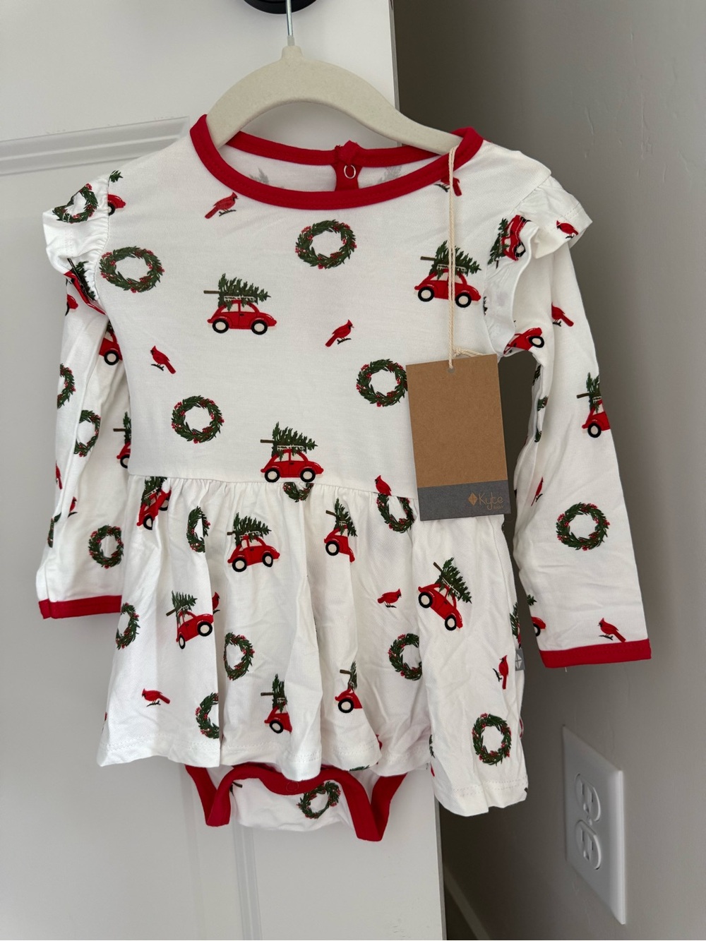 Kyte BABY White & Red Holiday Wreath and Car One-Piece Dress